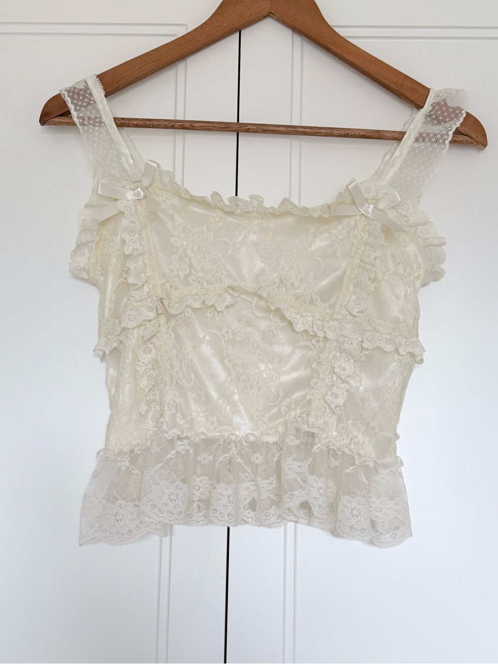 Cream Lace Satin Ruffle Peplum Cami Top Coquette Fairy Grunge